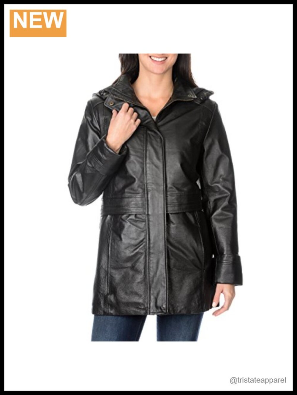 Women's Leather Anorak Jacket with Pockets and Detachable Hood